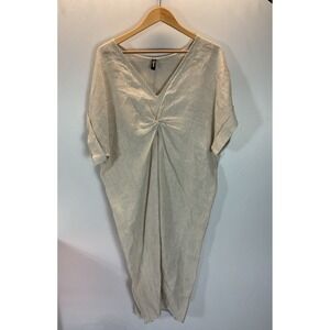 Venti6 Dress Womens L Beige 100% Linen Made in Italy Short Sleeve Twist‎ Hem